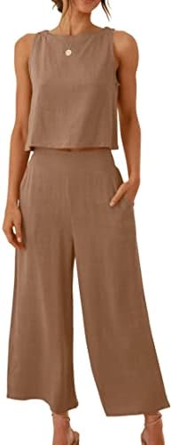 ANRABESS Women's Summer 2 Piece Outfits Sleeveless Tank Crop Button Back Top Capri Wide Leg Pants Linen Set with Pockets